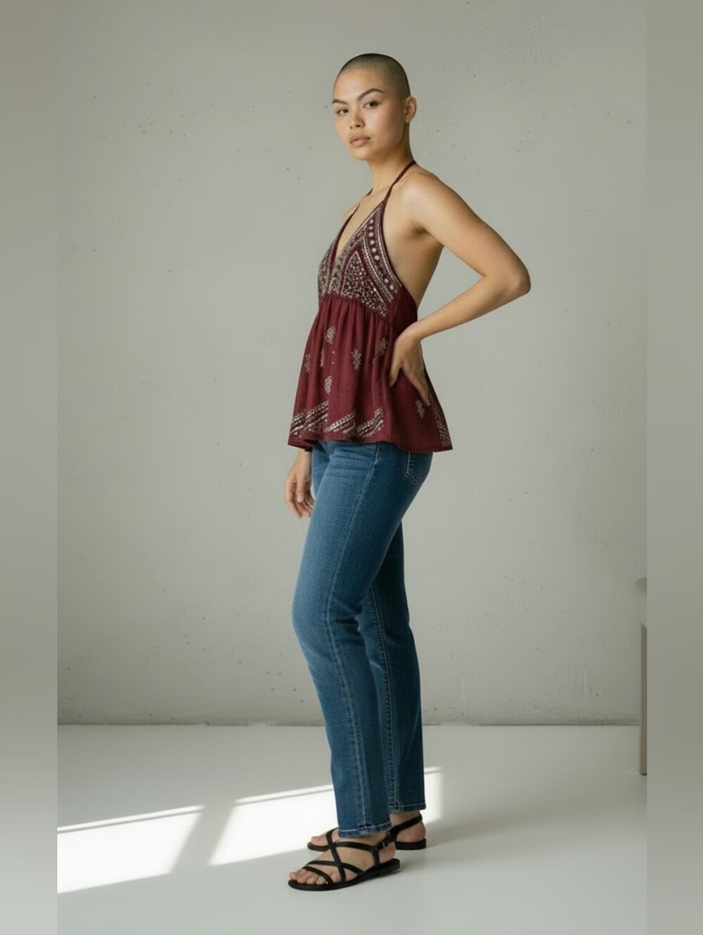 Beaded Maroon Halter Camisole BOHO Tank Top Misses Size Medium NWT
